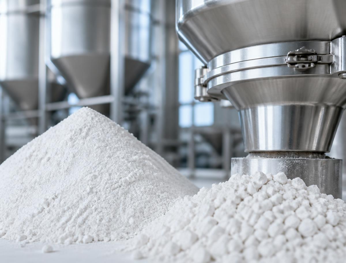 Fine calcium carbonate powder beside clean industrial processing equipment