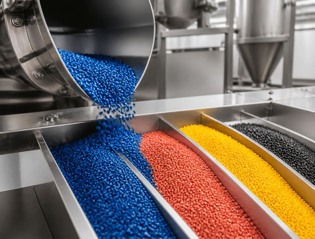 Colour masterbatch granules moving through stainless steel production equipment