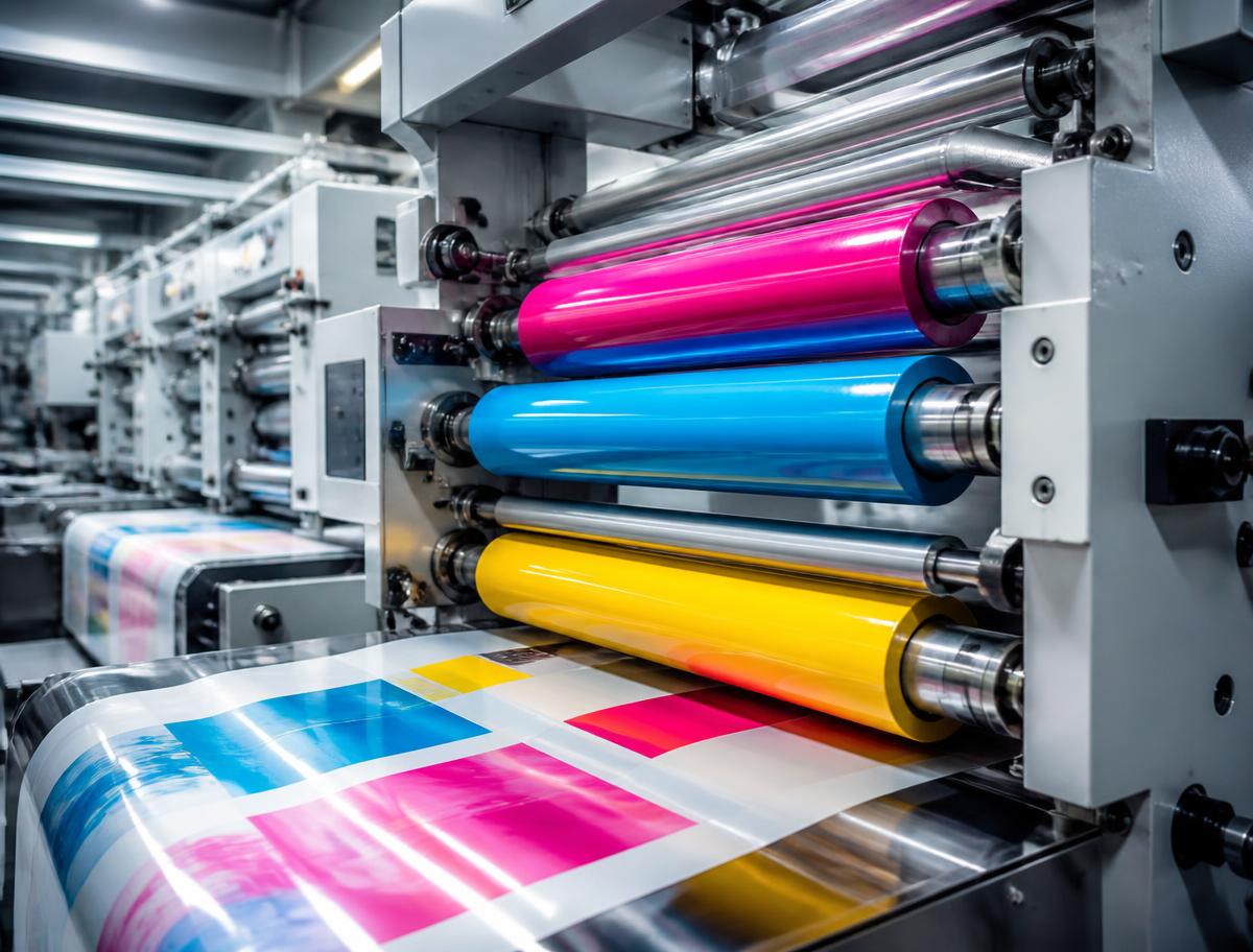 Printing press applying vibrant inks onto flexible packaging film